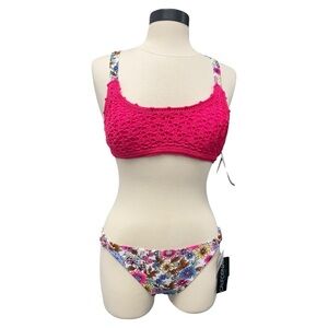 California Waves Women’s Bikini Swimwear Pink Crochet Floral Size Large NWT